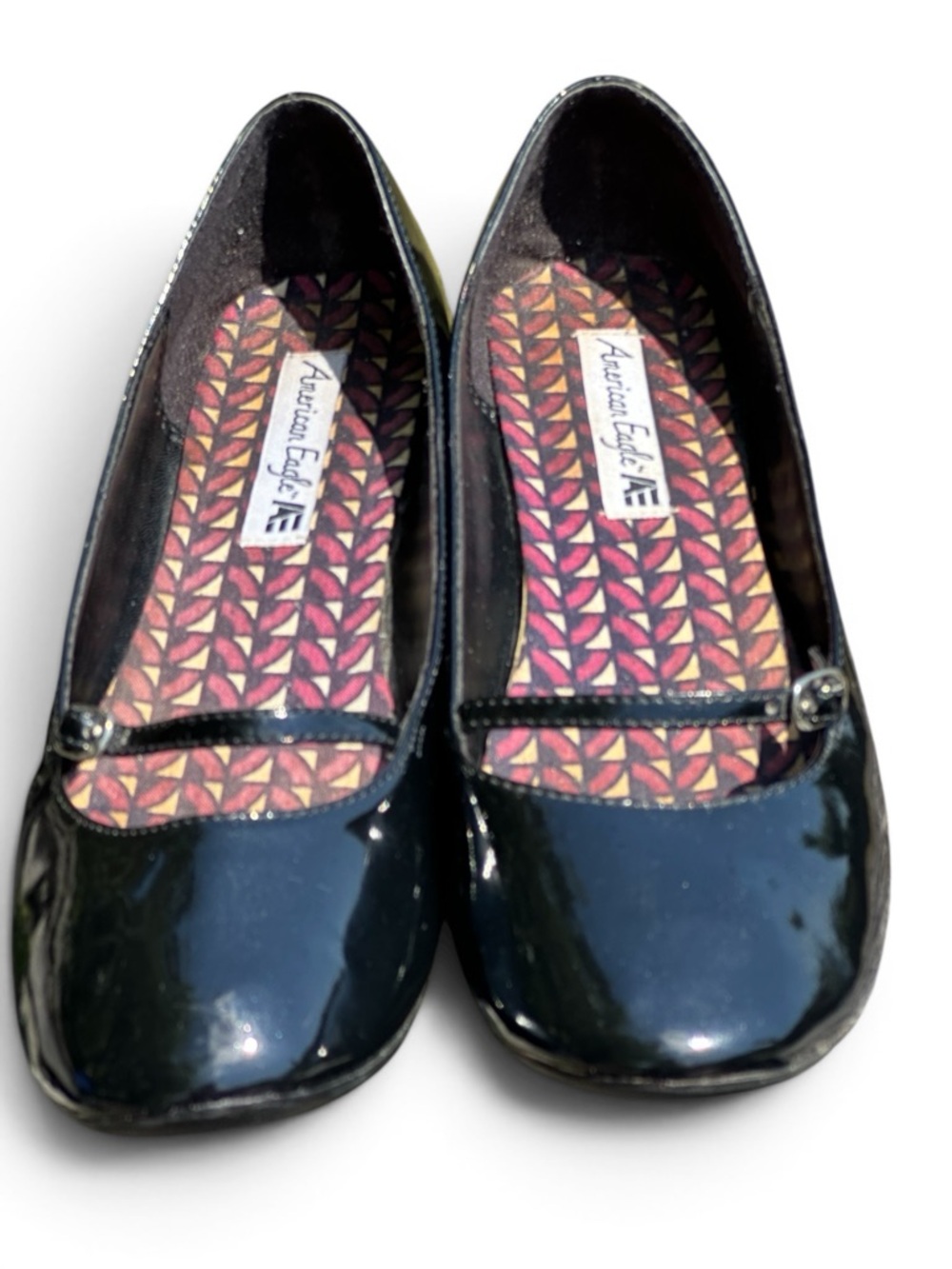 American Eagle Outfitters Black Patent Mary Jane Flats with Patterned Insole